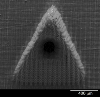 Image: Scanning electron micrograph (SEM) of a hollow microneedle. In this study, hollow microneedles were integrated with sensors for detection of glucose, lactate, and pH levels (Photo courtesy of North Carolina State University).